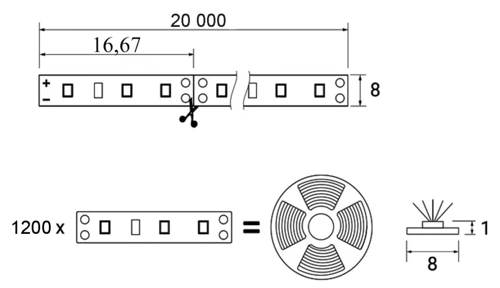 Лента светодиодная - 14,4W/m, 12V, 8мм, 2835, 180 д/м, IP20, нейтральный белый (4000K), CRI>80, 600 Lm, 20м, AKS