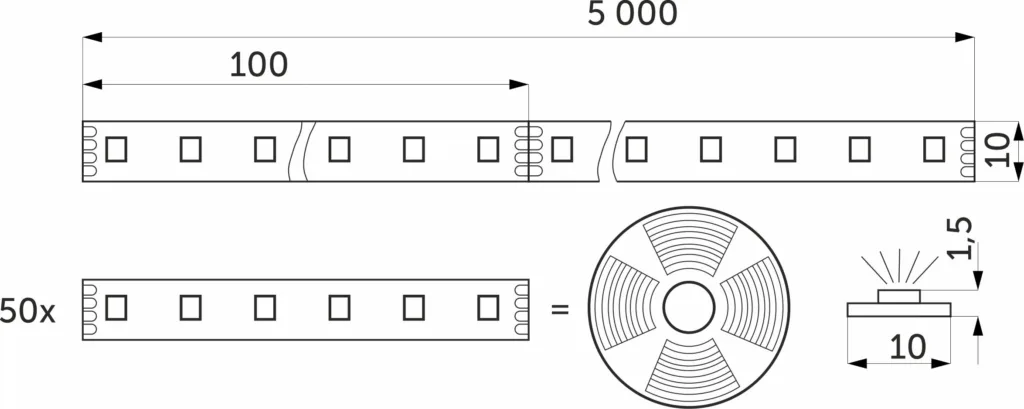 Лента светодиодная RGB - 10W/m, 24V, 10мм, 5050, 60 д/м, IP20, цветная - 5м, AKS