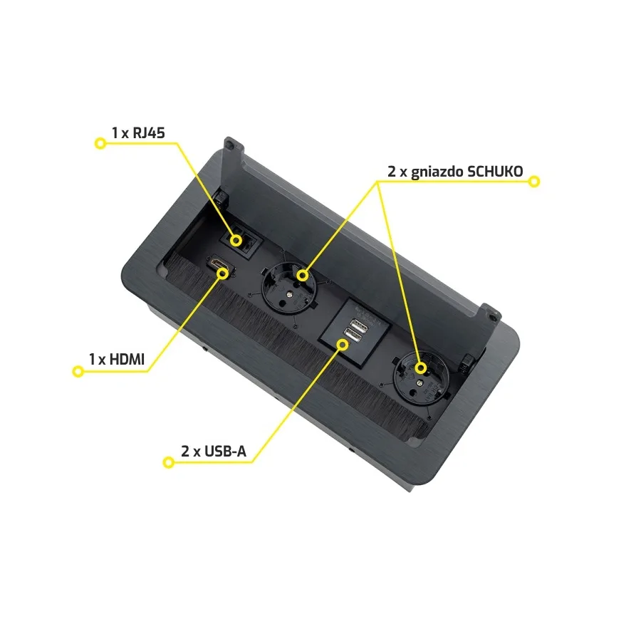 Выдвижной удлинитель 2 розетки, 1xUSB-A, 1xUSB-C, HDMI, LAN, черный, провод 1.5м, HLT