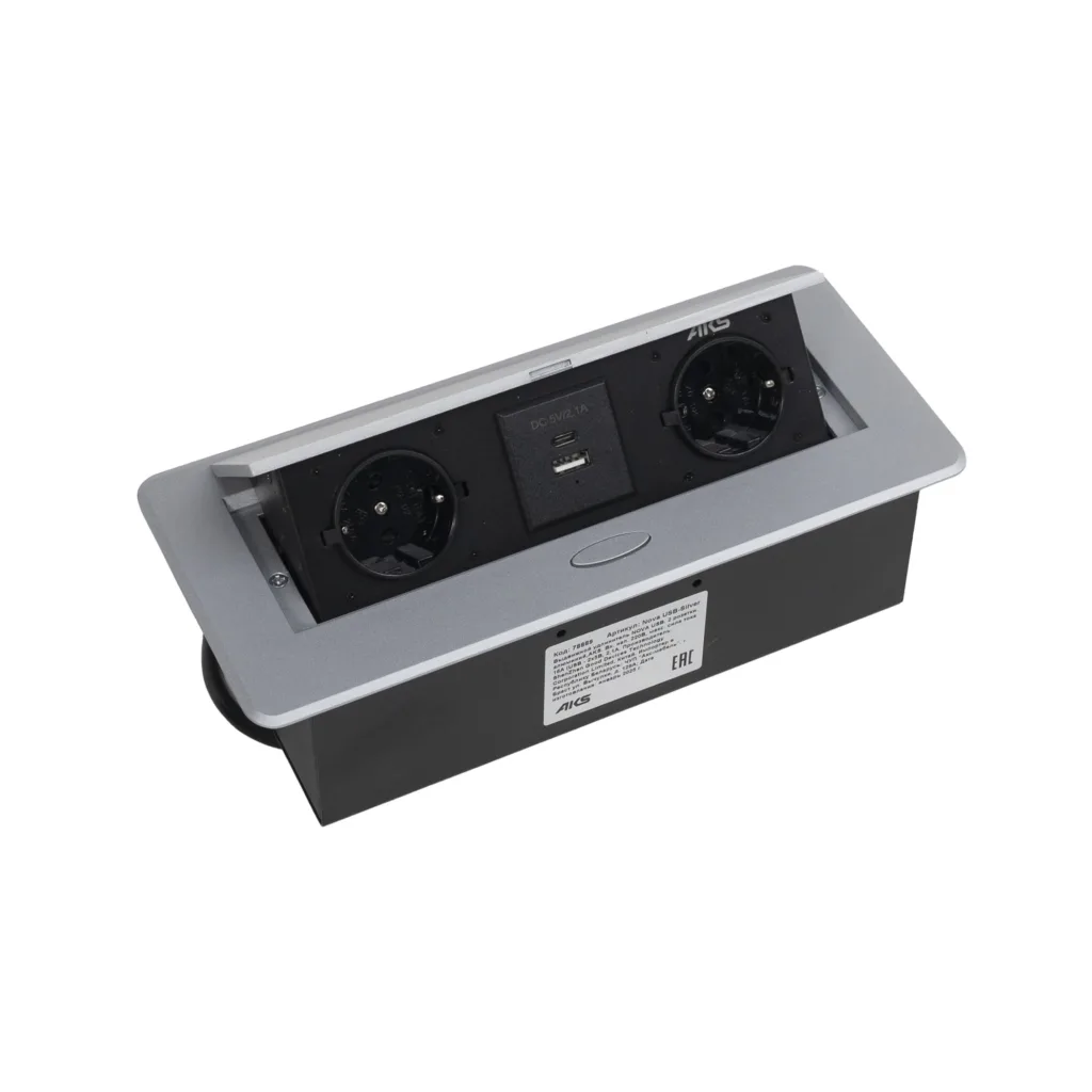 Выдвижной удлинитель Nova USB, 2 розетки, USB A + USB C, алюминий, AKS