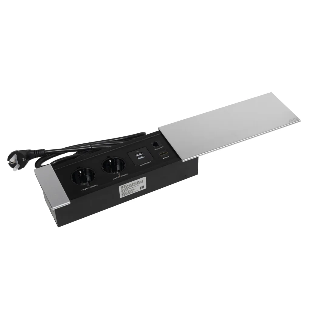 Выдвижной удлинитель Hollander, 2 розетки, 2xUSB A, HDMI, LAN, шлиф. сталь AKS