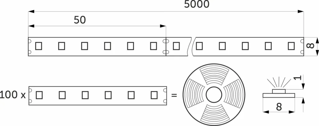 Лента светодиодная - 9,6W/m, 24V, 8мм, 2835, 120 д/м, IP20, теплый белый (3000K), CRI>80, 1100 Lm, 5м, AKS