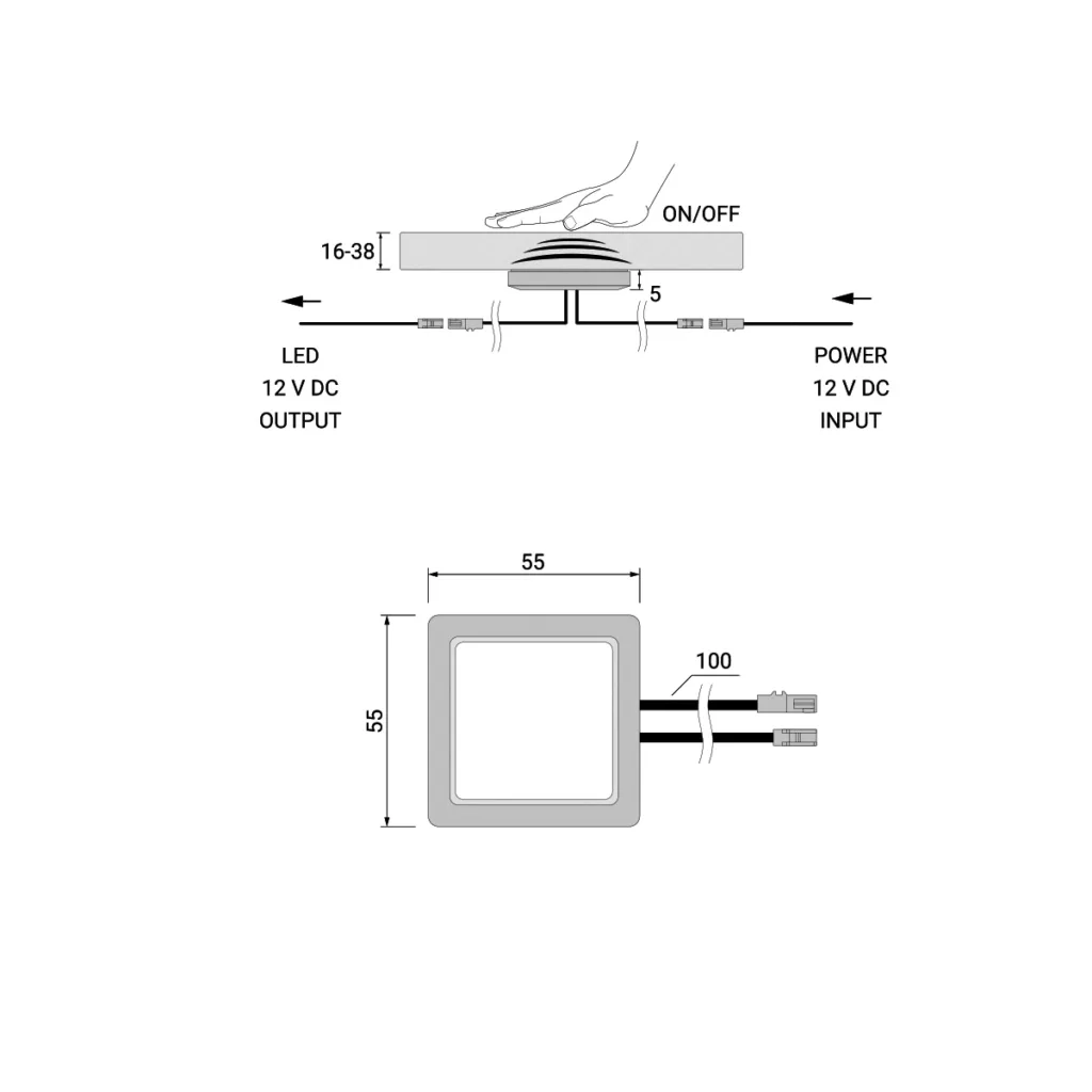 Выключатель бесконтактный для столешниц (max 38mm), с миниконектором, 12/24V, 36/72W, AKS