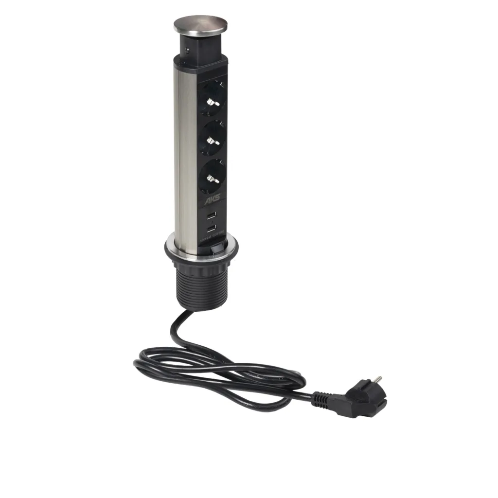 Выдвижной удлинитель Vulcan USB, 60 мм, 3 розетки 2xUSB A, крышка металл, шлиф. сталь, AKS