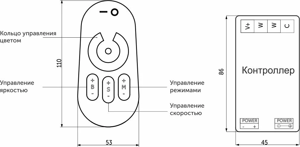 Контроллер для светодиодной ленты CCT (двухцветной), контроллер, пульт, держатель, RF, 2.4 GHz, 12-24V DC, 18 A, 216/432W, AKS