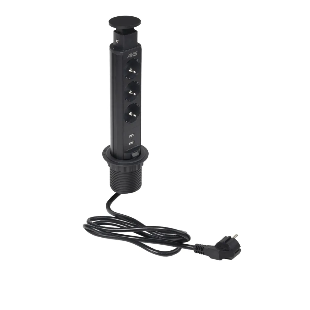 Выдвижной удлинитель Vulcan USB, 60 мм, 3 розетки 2xUSB A, крышка пластик, черный, AKS