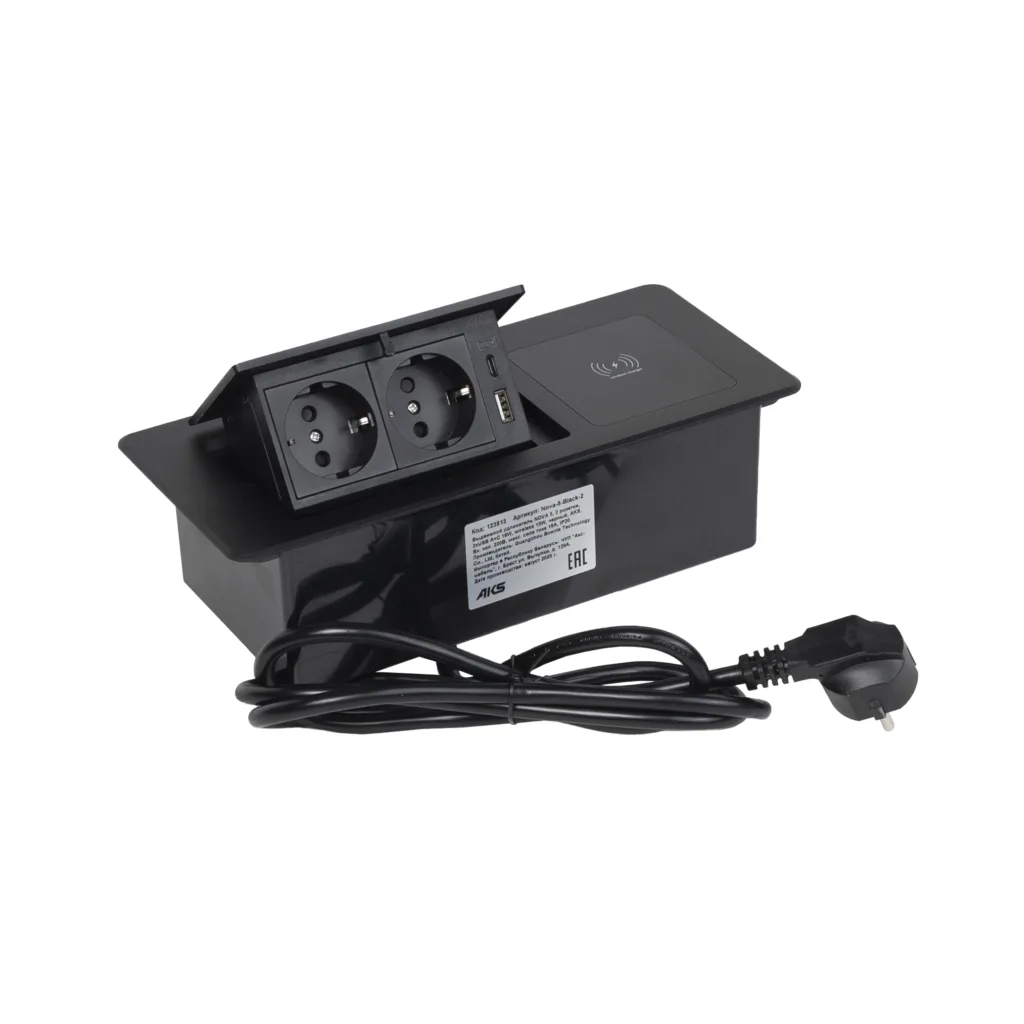 Выдвижной удлинитель Nova 5, 2 розетки, USB A + C, беспроводная зарядка, черный, AKS