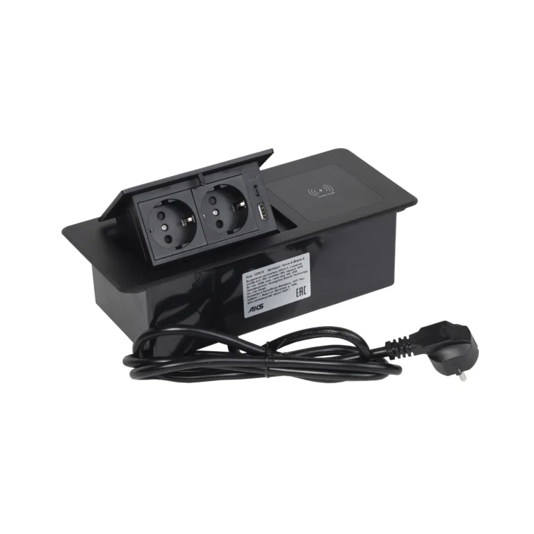 Выдвижной удлинитель Nova 5, 2 розетки, USB A + C, беспроводная зарядка, черный, AKS
