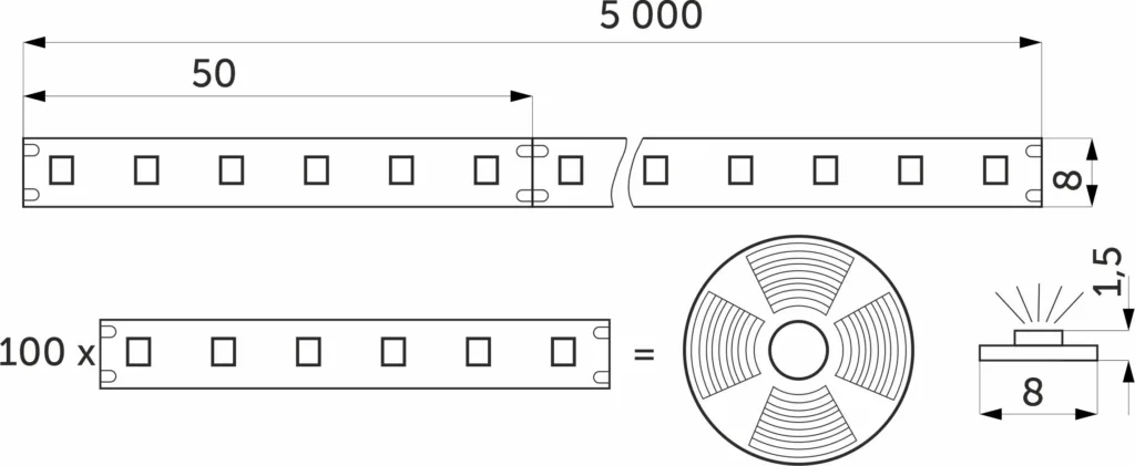 Лента светодиодная - 9,6W/m, 24V, 8мм, 2835, 120 д/м, IP20, нейтральный белый (4000K), CRI>80, 1100 Lm, 5м, AKS