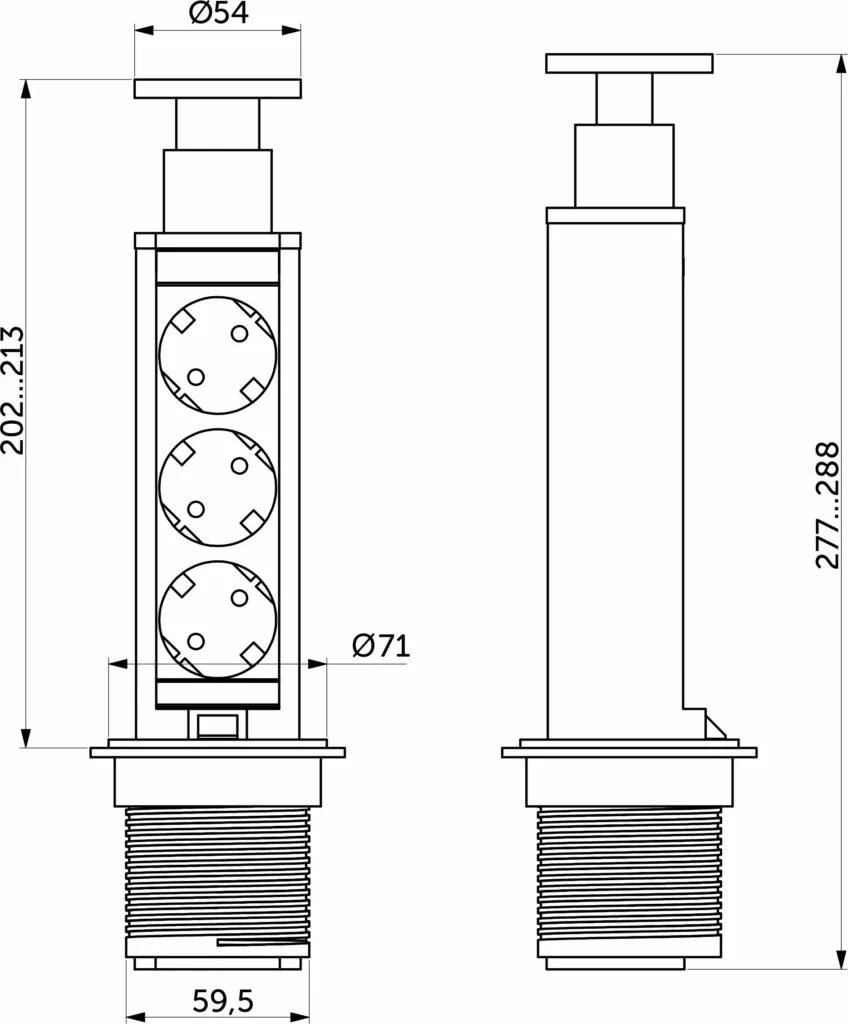 Выдвижной удлинитель Vulcan, 60 мм, 3 розетки, крышка пластик, цвет черный, тип 2, AKS