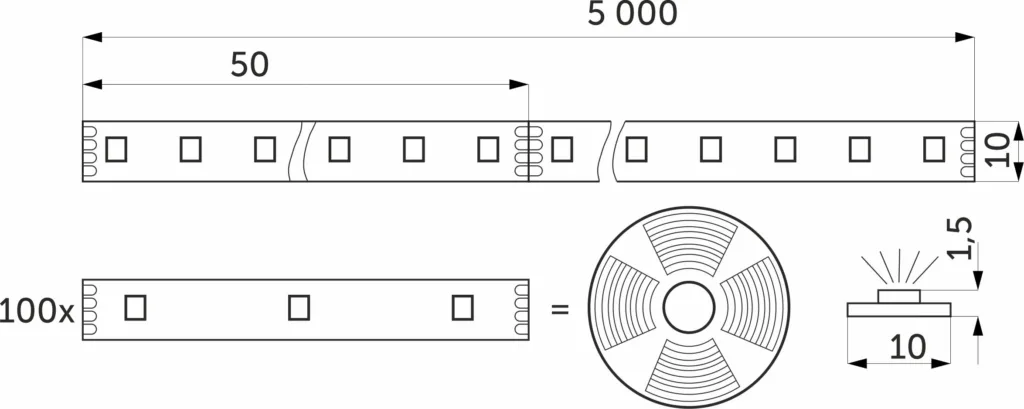 Лента светодиодная RGB - 10W/m, 12V, 10мм, 5050, 60 д/м, IP20, цветная - 5м, AKS