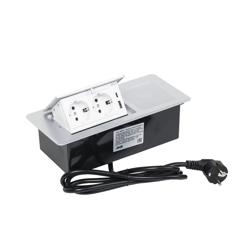 Выдвижной удлинитель Nova 5, 2 розетки, USB A + C, беспроводная зарядка, алюминий, AKS