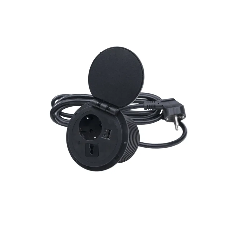 Выдвижной удлинитель Locus, 1 розетка, USB-A+C, черный, AKS
