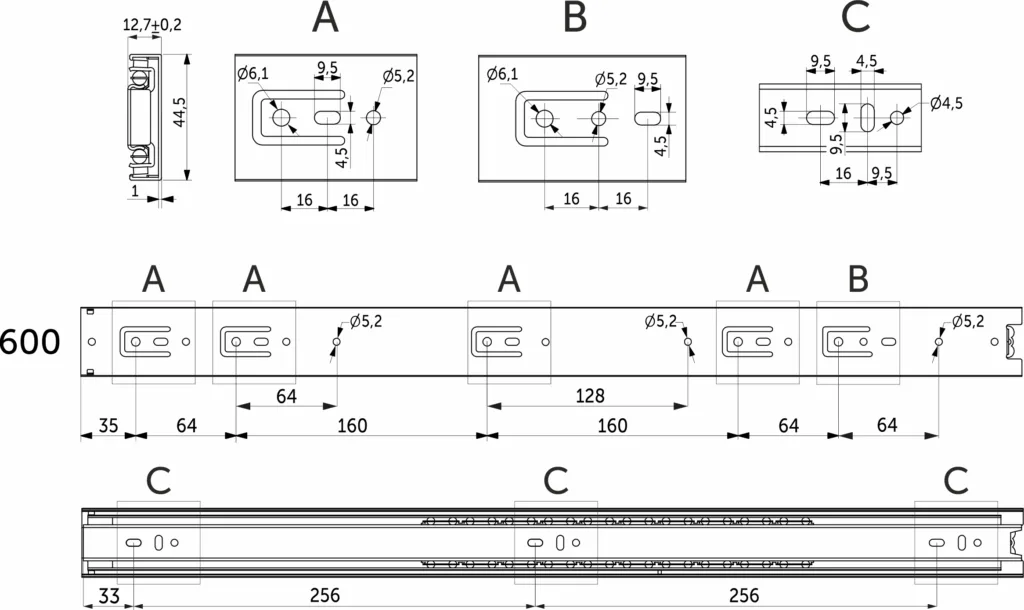 Направляющая шариковая L-600 h=45 PRIME by AKS A черный