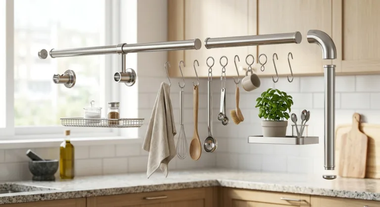 Что нужно для сборки рейлинговой системы: труба, держатели, углы, заглушки и крючки