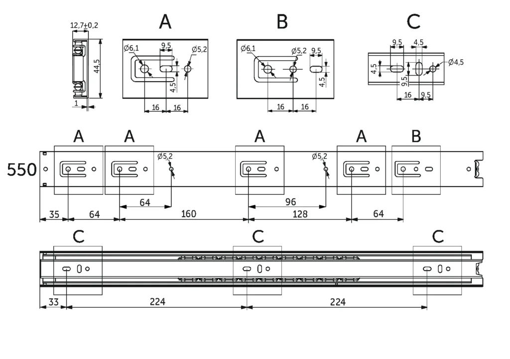Направляющая шариковая L-550 h=45 PRIME by AKS A черный