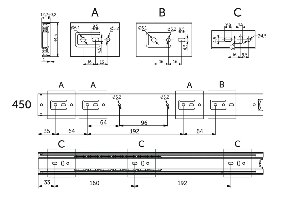 Направляющая шариковая L-450 h=45 PRIME by AKS A черный