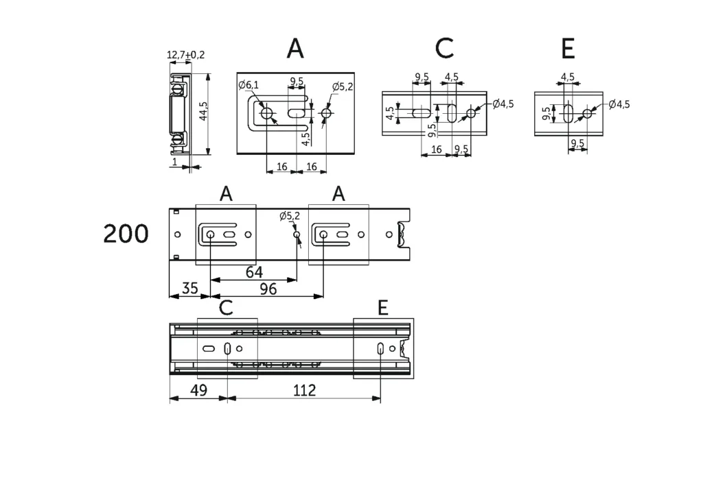 Направляющая шариковая L-200 h=45 PRIME by AKS A черный