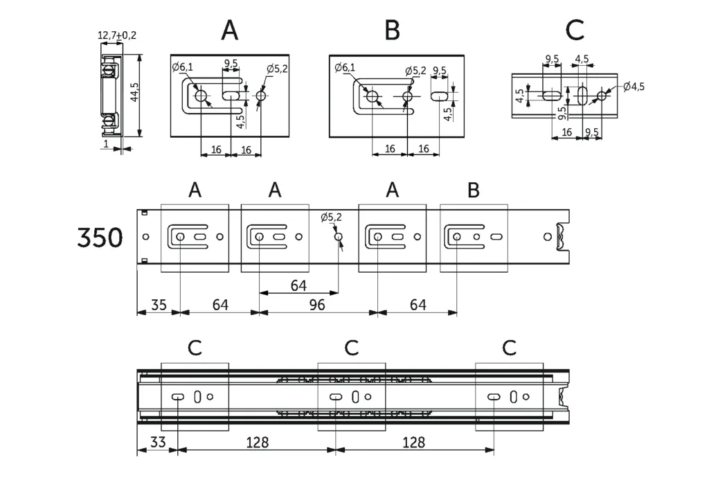 Направляющая шариковая L-350 h=45 PRIME by AKS A черный