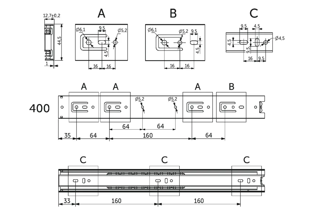 Направляющая шариковая L-400 h=45 PRIME by AKS A черный