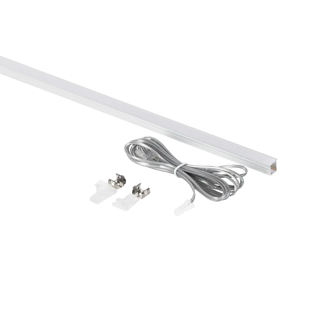 Светильник светодиодный, нарезной, 10*10мм, 8W/m, 12V, 3000K (теплый белый), 1.5м, черный, (в комплекте шнур, 2 заглушки, 2 держателя), AKS