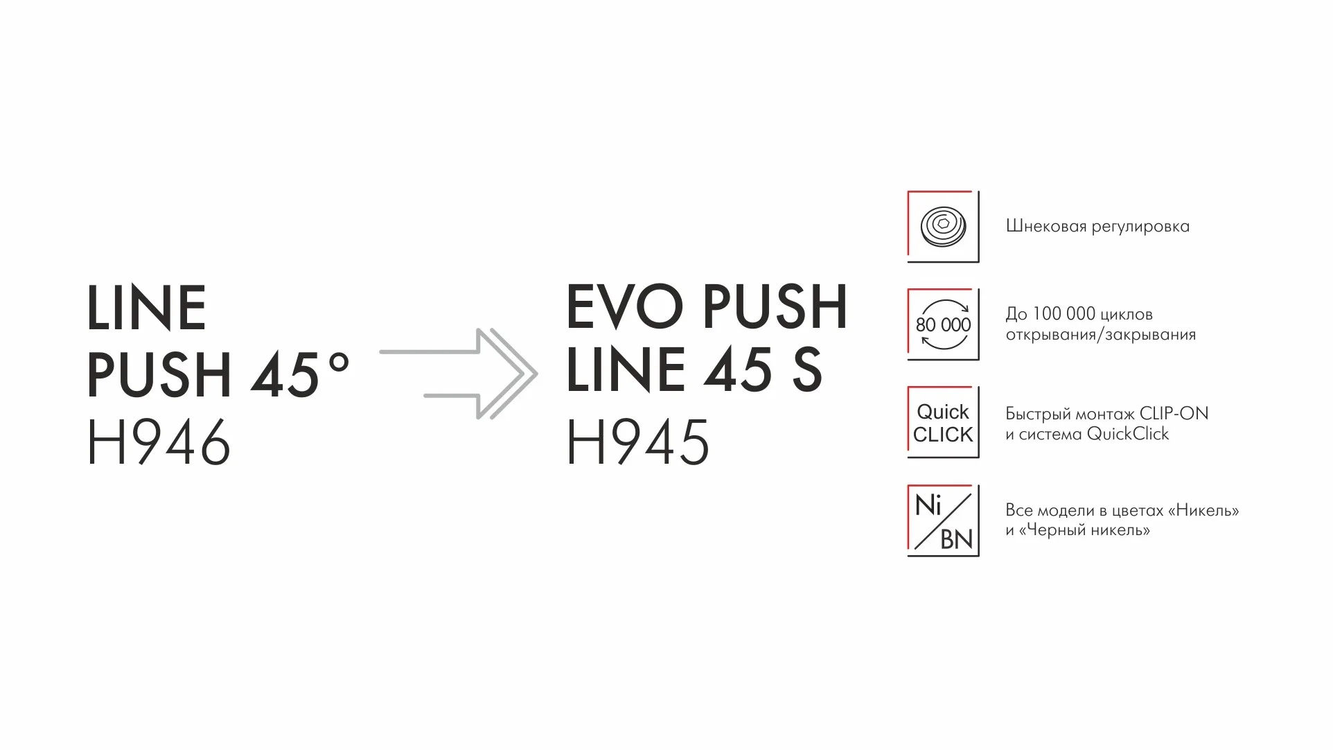Мебельная петля без пружины и ответной планки LINE PUSH 45° H946C02
