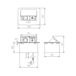 Удлинитель AQ PLUG-X H3 горизонтальный 1XSCHUKO, 1XUSB А, 1XUSB C, алюминий