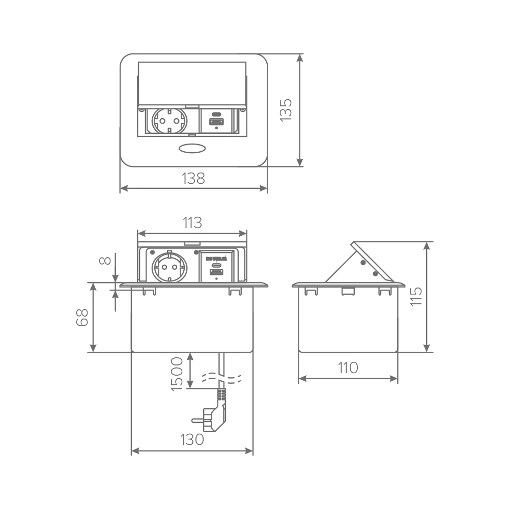 Удлинитель AQ PLUG-X H3 горизонтальный 1XSCHUKO, 1XUSB А, 1XUSB C, черный