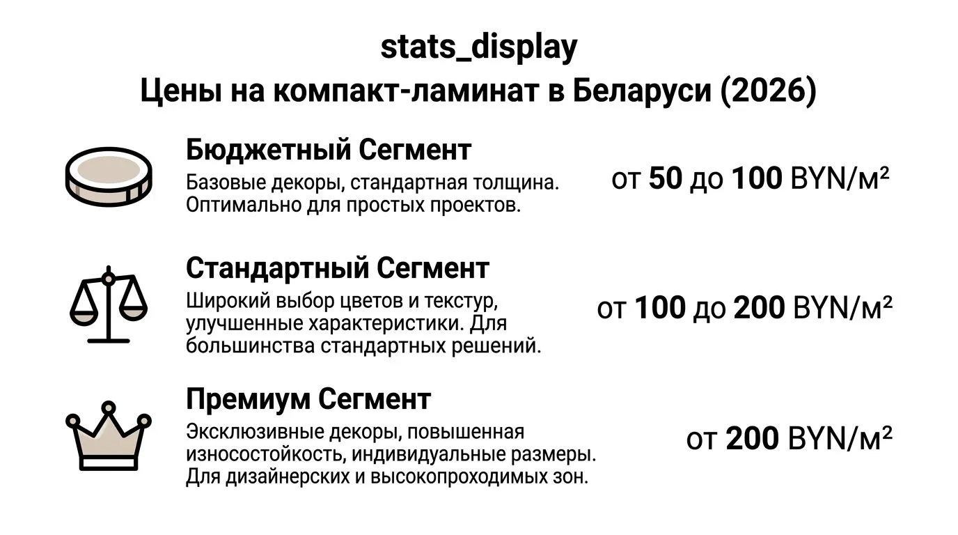 Инфографика с ценами на компакт-ламинат в Беларуси на 2026 год по трем ценовым сегментам