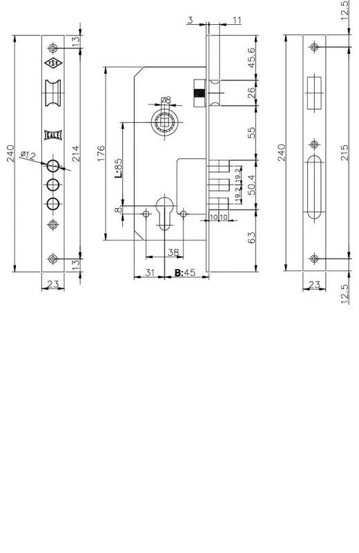 Корпус врезного замка с защёлкой 152 3MR (45 mm) w b (латунь)