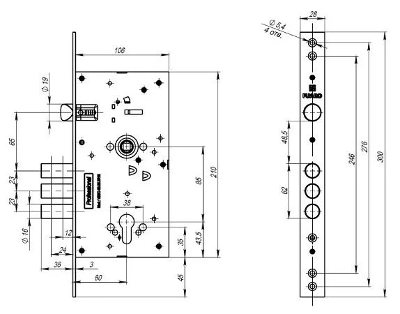 Корпус врезного замка c защёлкой MDV25 C-60.85.3R16