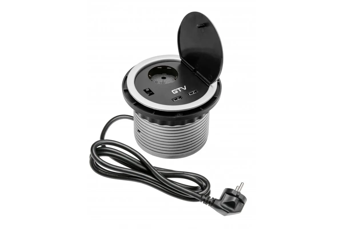 Удлинитель врезной CHARGER (1 гнездо 220V, 2 USB), серебро