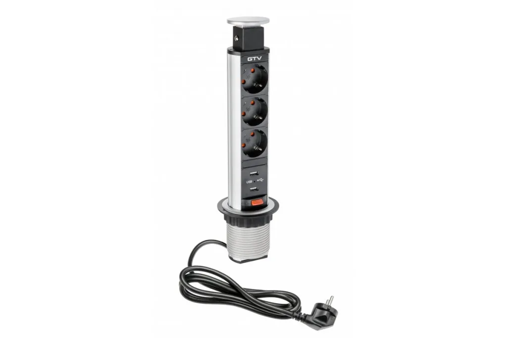 Удлинитель врезной 60 мм (3 гнезда Schucko + 2хUSB, 220V), серебро