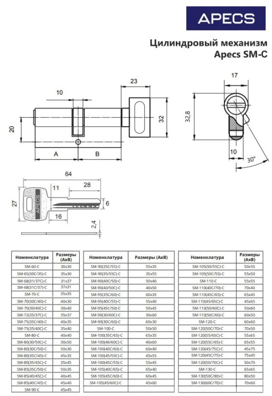 Цилиндровый механизм Аресs SM-90(35C 55)-C-G