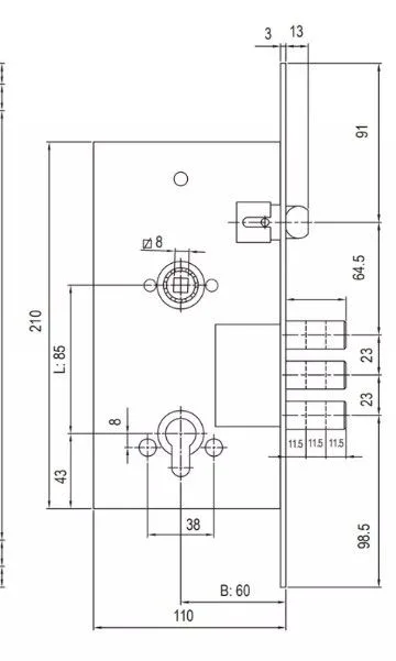 Замок врезной LS V252R 85BS60-CP
