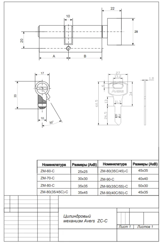 Цилиндровый механизм Avers ZC-60-C-CR