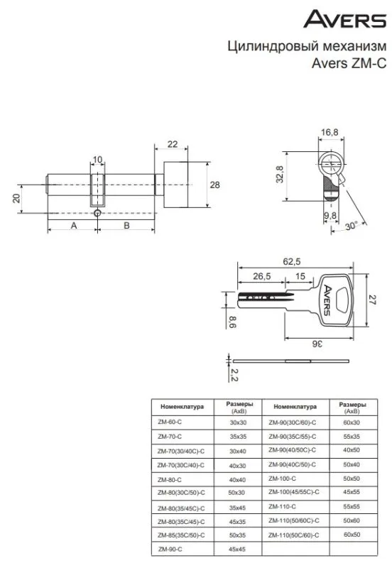Цилиндровый механизм Avers ZM-90(40C 50)-C-CR