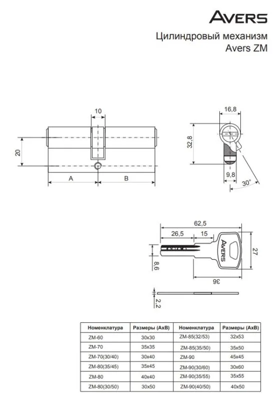 Цилиндровый механизм Avers ZM-90(40 50)-CR