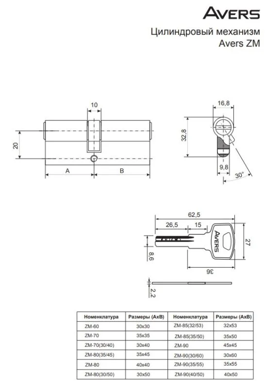 Цилиндровый механизм Avers ZM-90(35 55)-CR