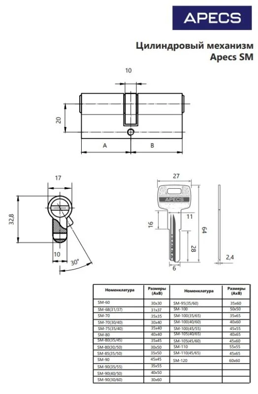 Цилиндровый механизм Аресs SM-85(35 50)-NI