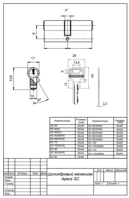 Цилиндровый механизм Аресs SC-65(30 35)-NI