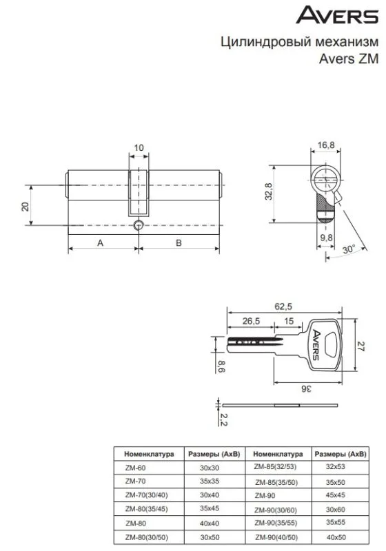 Цилиндровый механизм Avers ZM-60-CR