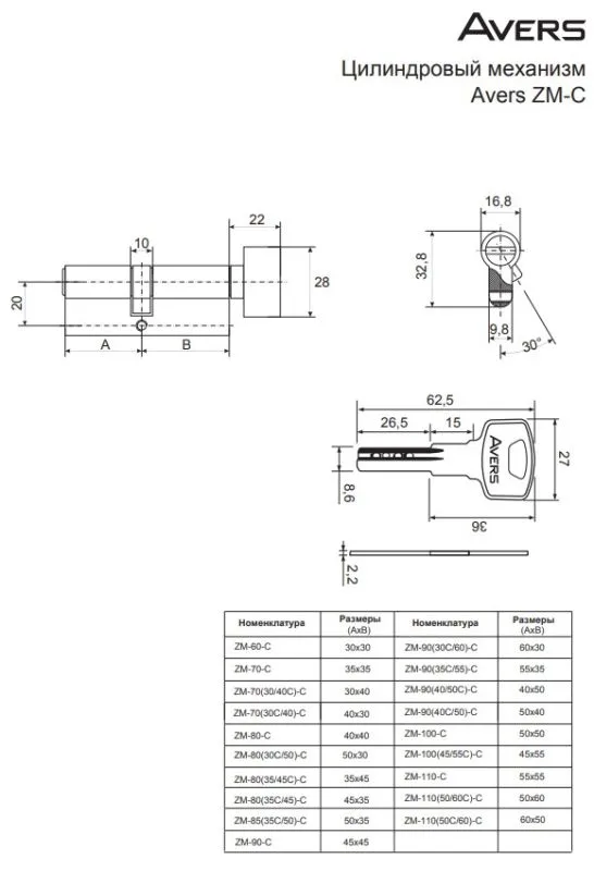 Цилиндровый механизм Avers ZM-110(50 60C)-C-CR