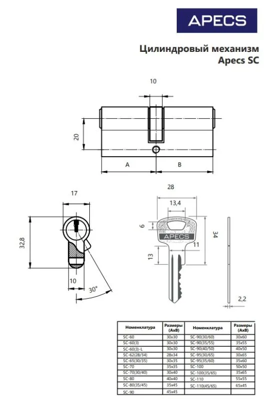 Цилиндровый механизм Аресs SC-60-G