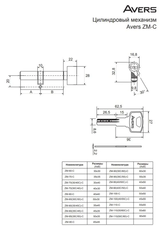 Цилиндровый механизм Avers ZM-100-C-CR