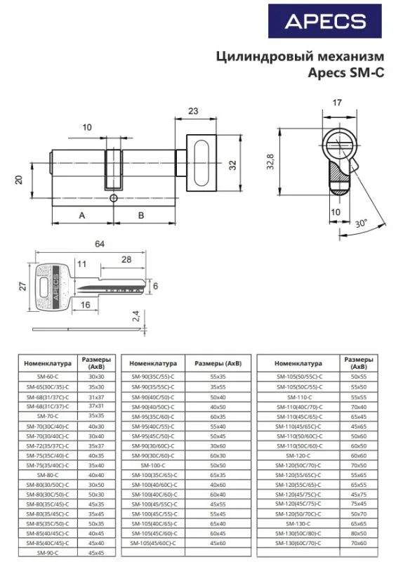 Цилиндровый механизм Аресs SM-90(40С 50)-C-NI