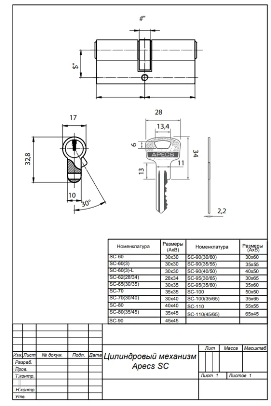 Цилиндровый механизм Аресs SC-90(30 60)-NI (SC-90(30 60)-Z-NI)