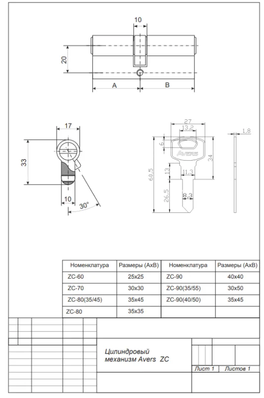 Цилиндровый механизм Avers ZC-80(35 45)-CR