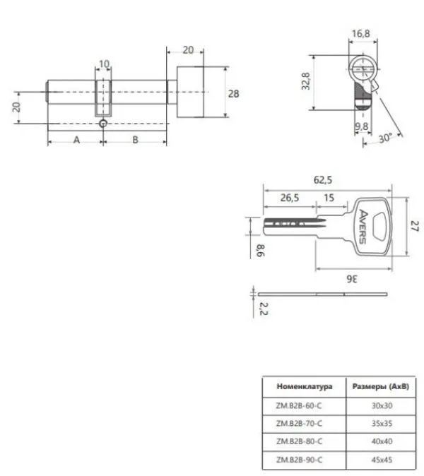 Цилиндровый механизм Avers ZM.B2B-80-C-CR