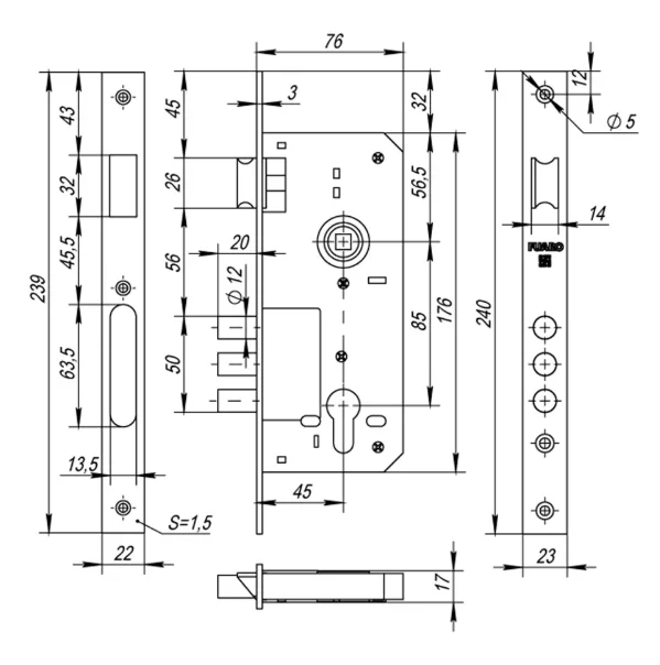 Корпус врезного замка с защёлкой DD900 C-45.85.3MR (900 3MR W B) PB латунь